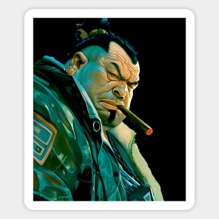 Puff Sumo 2: Smoking a Fat Cigar in a Dystopian City Scene on a dark (Knocked Out) background Magnet